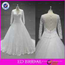 ED-Braut-elegante lange Hülse sehen durch rückseitige Spitze Appliqued A-line plus Größen-Hochzeits-Kleid 2017